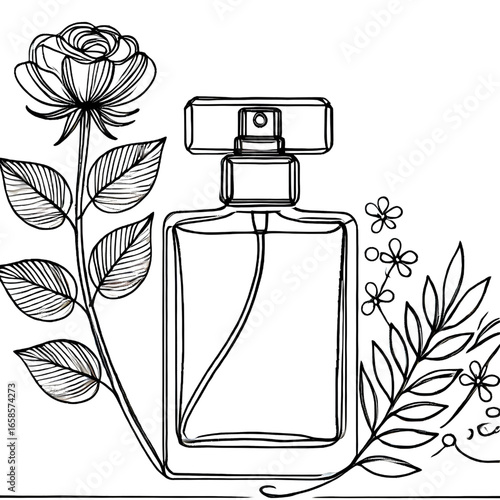 Drawing of a perfume bottle. One continuous line. Isolated on white background