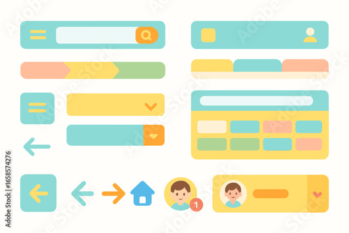 Ui components flat icon set. user interface, navigation elements collection