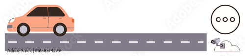 Compact orange car travels on a road with lane markings, connected to cloud-based data and traffic systems. Ideal for technology, smart transportation, innovation, connectivity, IoT, automation
