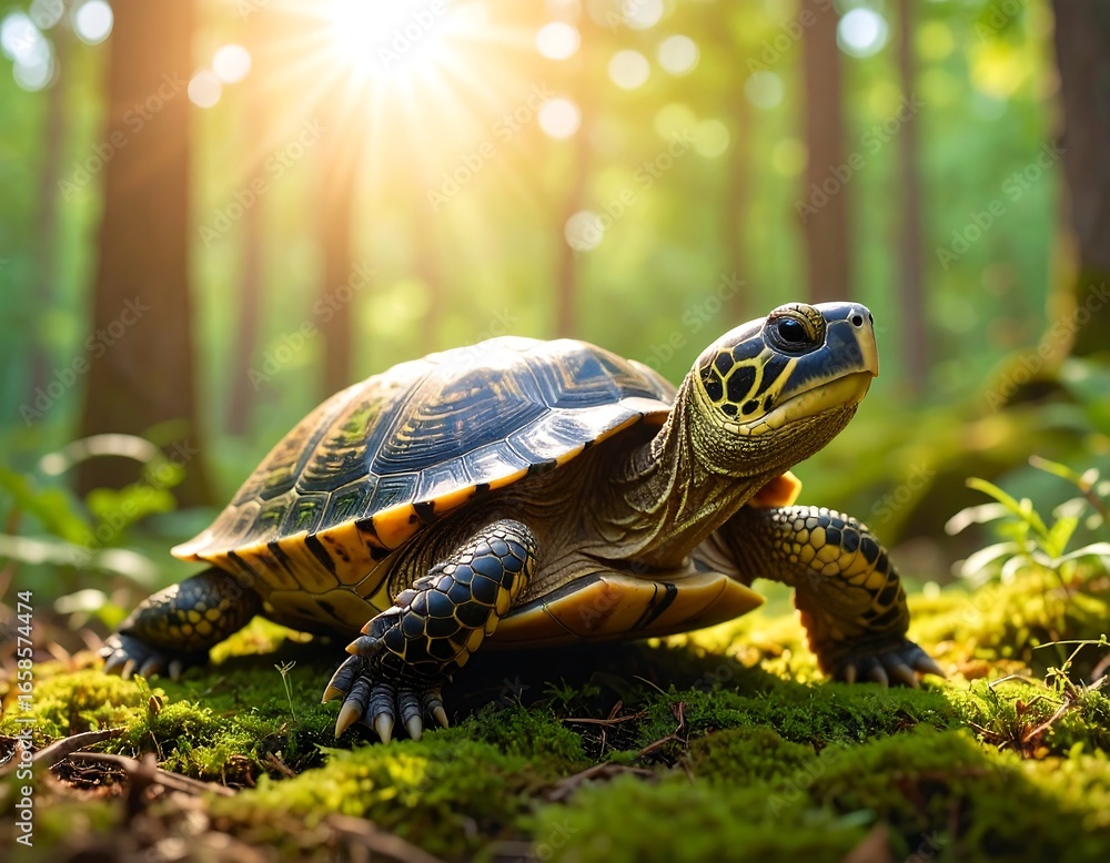 Obraz premium Turtle in a sunlit forest