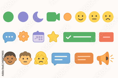 Communication, technology flat icon set. chat, emoji, video, calendar flat collection