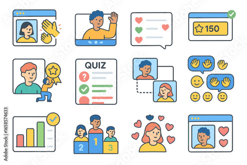 Communication and feedback icon set. linear chat, survey icons for digital media