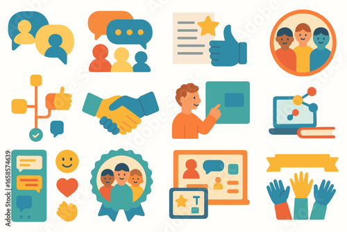 Communication, teamwork flat icon set. collaborative, networking, social media icons