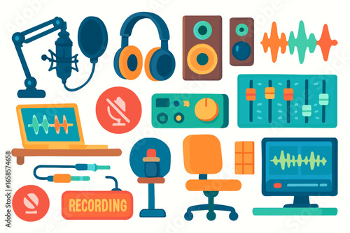 Music studio flat icon set. equipment, recording, editing tools collection