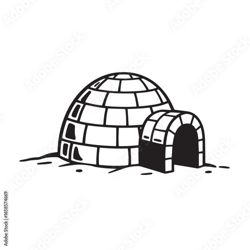 Simple black and white illustration of a traditional inuit igloo in the arctic landscape