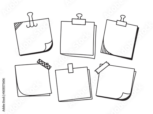 Hand drawn doodle sticky notes collection, Outline blank paper memo sketch set, simple outline reminder note box design illustration bundle.