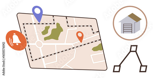 Map displaying routes, location pins, notification icon, garage destination, and flowchart connector. Ideal for navigation, logistics, planning real estate notifications delivery travel. Simple