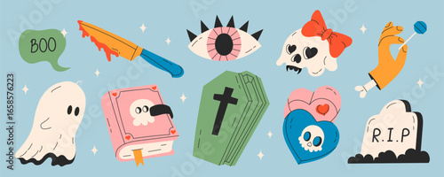 Cute kids Halloween set. Happy pumpkin, Happy Ghost, Eye, Coffin, Grave, Skull, Knife, Blood. October holiday stickers, design elements bundle. Isolated flat vector illustrations