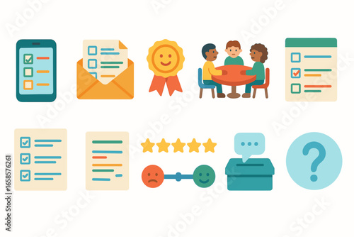 Business and communication flat icon set. email, checklist, ratings collection