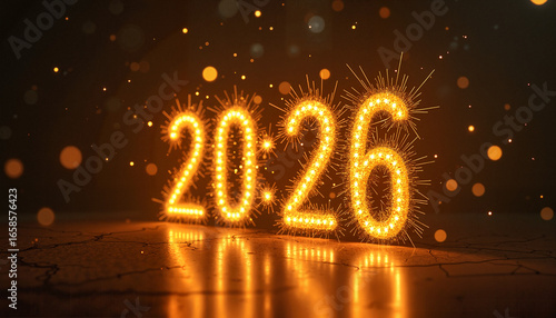 Neon clock displaying New Year's countdown to 2026 with lights  