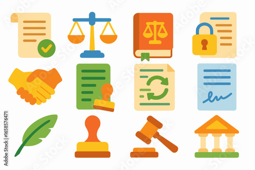 Legal, justice flat icon set. scales, gavel, contract symbols flat collection