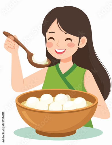 A smiling woman enjoying a bowl of sweet, white dumplings with a wooden spoon.