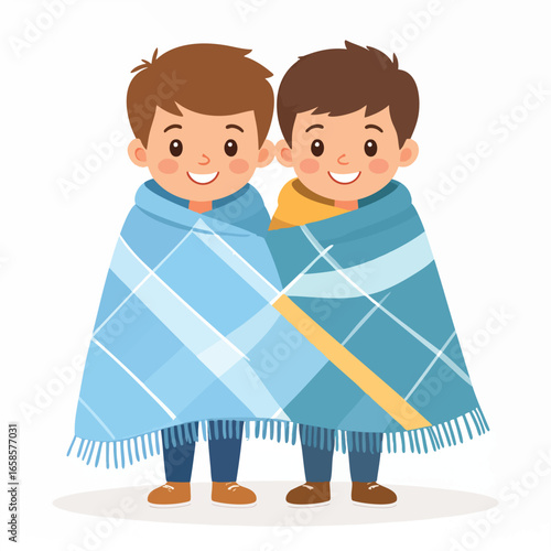 Two young boys stand together, wrapped in a blue blanket, smiling cheerfully.