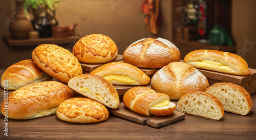 Breads assortment background. Different types of fresh bread on table, flat lay. group of different bread products