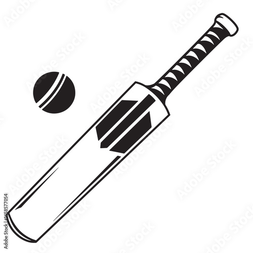 Vector illustration of cricket bat and ball sport equipment in black and white style