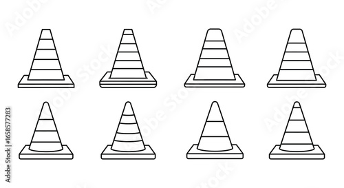 A set of eight traffic cones in various orientations and sizes