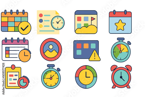 Time management and calendar outline icon set. office scheduling icons collection