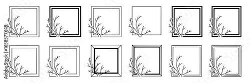 Twelve Square Frames with Bare Branch Detail: Variations in Line Weight and Style