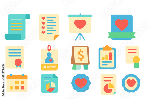 Nonprofit and charity flat icon set. donation, fundraising, and volunteer symbols