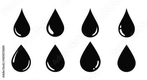 Eight black teardrop shaped droplets on a white background