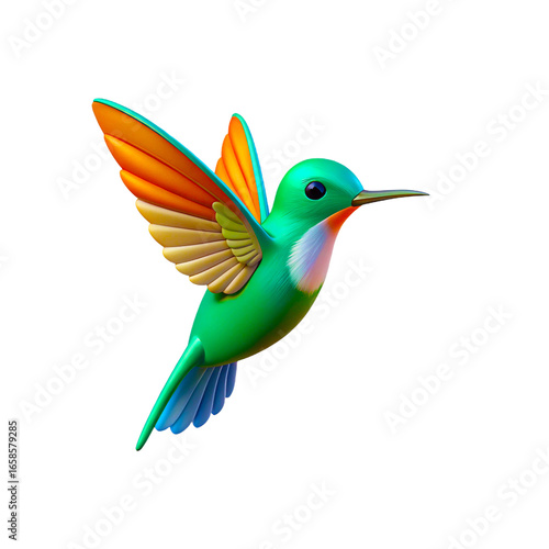 Hummingbird 3D Render in Cartoon Plastic Style, Isolated on White Background