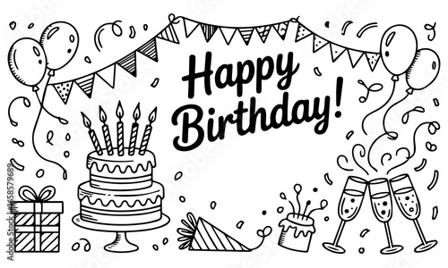 Birthday celebration party hand drawn items are showcased in a birthday sketch, complete with cake, kids, holiday doodle art drawing, and modern elements, along with a birthday card and gift