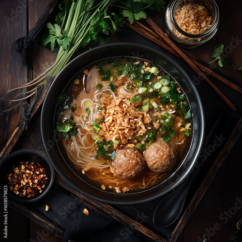 Delicious Asian Noodle Soup with Egg, Pork, and Fresh Herbs