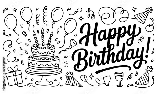 Birthday celebration party hand drawn items are showcased in a birthday sketch, complete with cake, kids, holiday doodle art drawing, and modern elements, along with a birthday card and gift