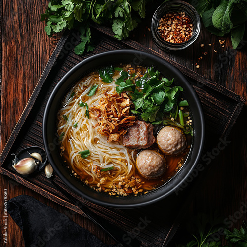 Delicious Asian Noodle Soup with Egg, Pork, and Fresh Herbs
