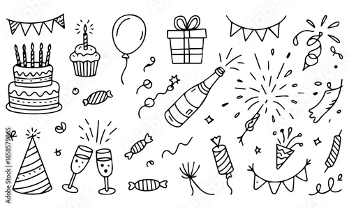 Birthday celebration party hand drawn items are showcased in a birthday sketch, complete with cake, kids, holiday doodle art drawing, and modern elements, along with a birthday card and gift