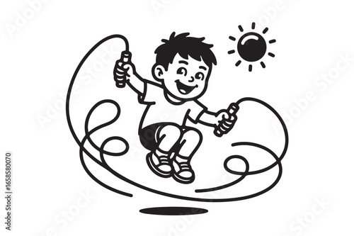 Boy jumping rope under the sunny sky