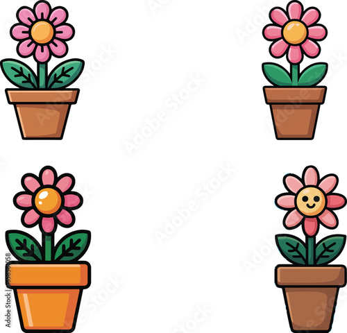Set of colorful flowers in pots with leaves and blossoms for gardening and decoration