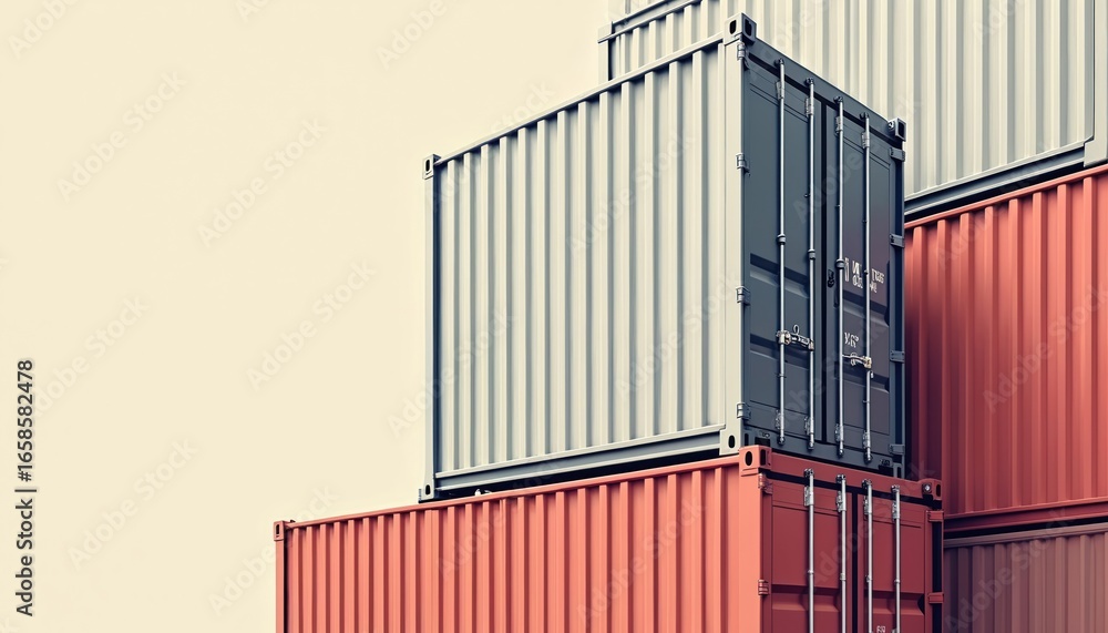 Fototapeta premium Stack of international shipping containers symbolizes global trade, logistics, import export, worldwide commerce. Represents supply chain, cargo movement, economic factors like tariffs, regulations.