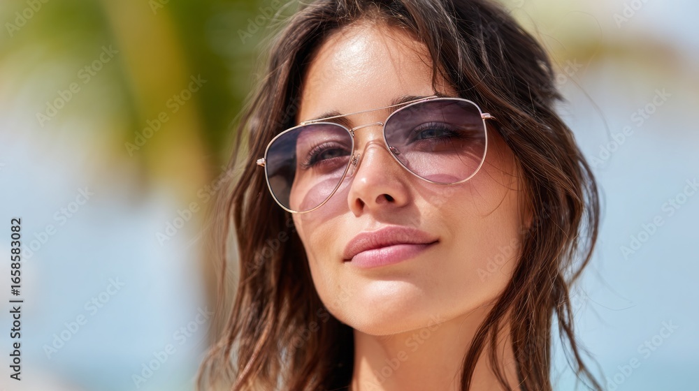 Woman enjoying a sunny day at the beach with sunglasses and a confident smile Woman enjoying a sunny day at the beach with sunglasses and a confident smile
