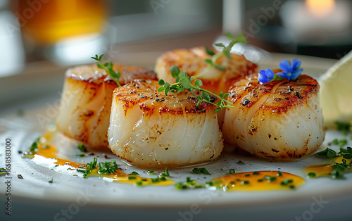 Beige textured scallops gleam with sauce. Elegant, closeup food shot on plate. Ideal for product photography, menu design, social media posts.