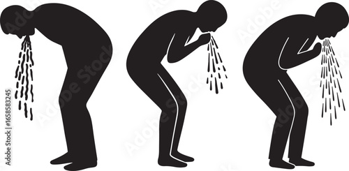 Three figures in silhouette vomiting in sequence silhouette