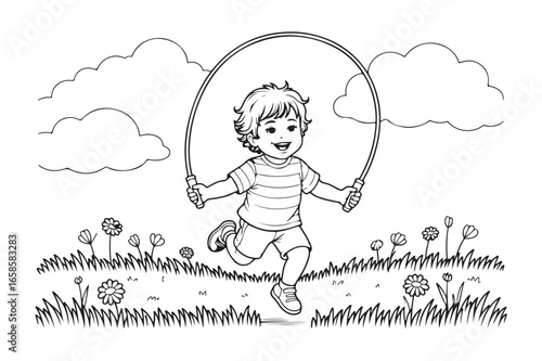 Happy boy jumping rope in a field of flowers