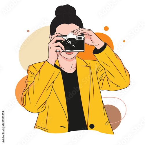 Modern Fashion Woman Holding Camera Flat Illustration