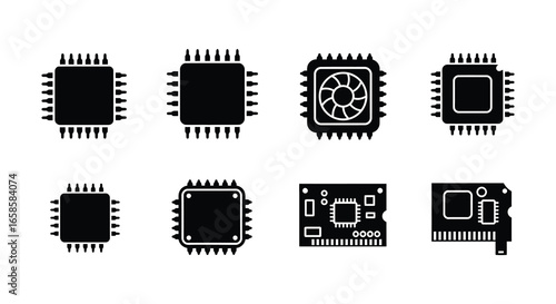 Various black and white computer chip and microchip designs on a plain background