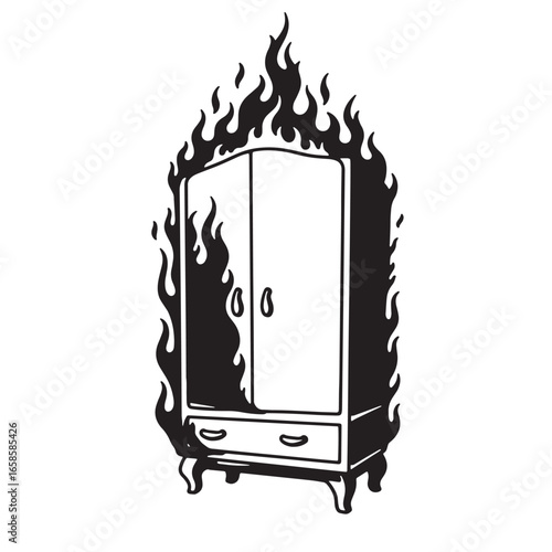 Black and white illustration of a burning wardrobe symbolizing destruction or revelation