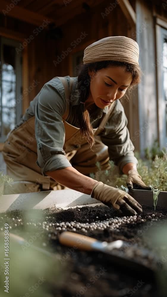 Gardener prepares soil and sows seeds in a rustic setting surrounded by greenery Gardener prepares soil and sows seeds in a rustic setting surrounded by greenery