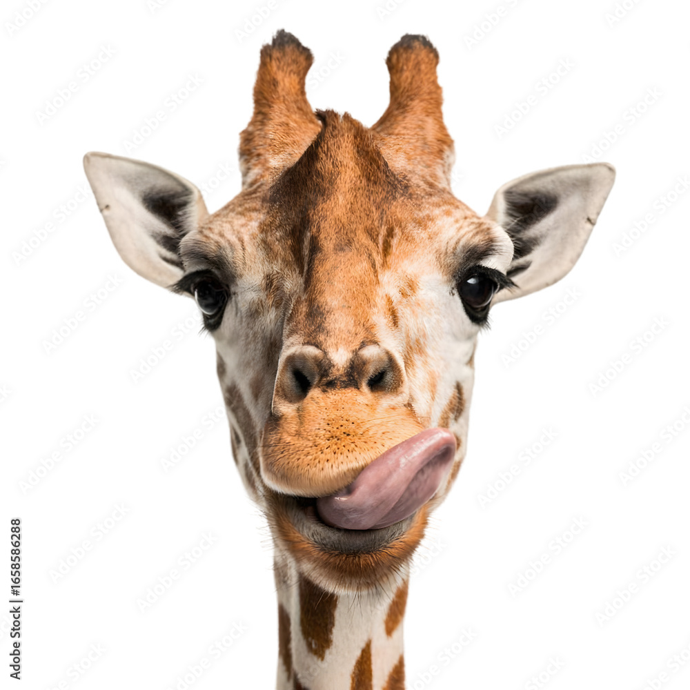 Fototapeta premium Funny giraffe sticking its tongue out, isolated on transparent background, closeup portrait of its head with distinctive spots and long neck, a curious and cute wild animal from africa