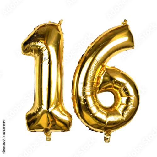 Golden foil balloons shaped like the number sixteen isolated on a transparent background, symbolizing a celebration, birthday, or anniversary milestone