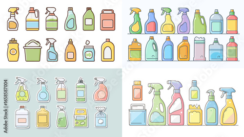 Collection of colorful cleaning product bottles, sprays, and detergent containers. Flat vector illustration of household hygiene supplies for home cleaning and sanitation concept design.