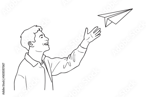 Man launching paper airplane with a smile