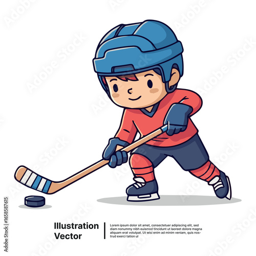 Cartoon Illustration of a Young Hockey Player Dribbling the Puck with a Hockey Stick