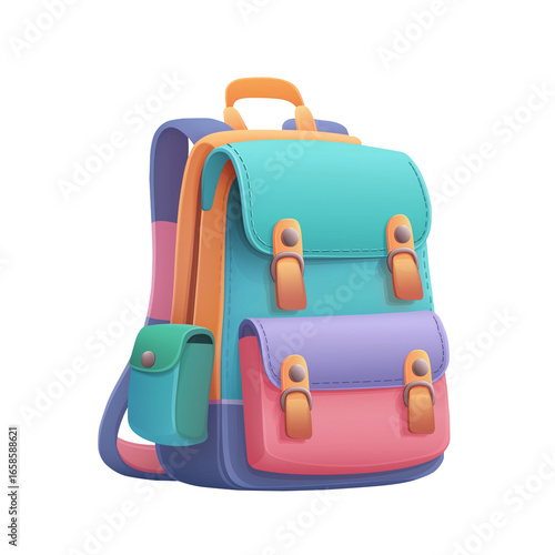 Colourful School Backpack Vector Illustration isolated on transparent White Background.
