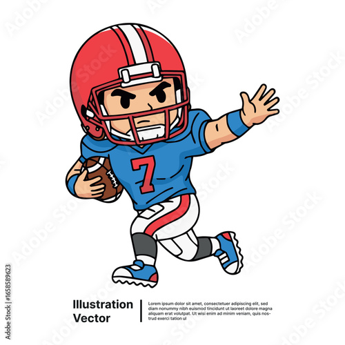 Dynamic cartoon illustration of a youthful American football player skillfully running with the ball during an intense game.