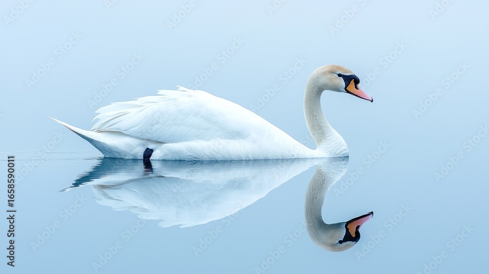 Fototapeta premium Serene Swan Reflection: A Misty Morning on Still Waters