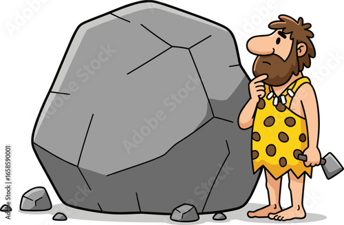 Cartoon caveman thinking, large cracked rock, prehistoric character, yellow tunic, hammer in hand, funny pose, vector art, isolated, ancient, problem-solving